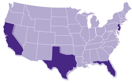 United States map with California, Texas, Florida, and New Jersey highlighted