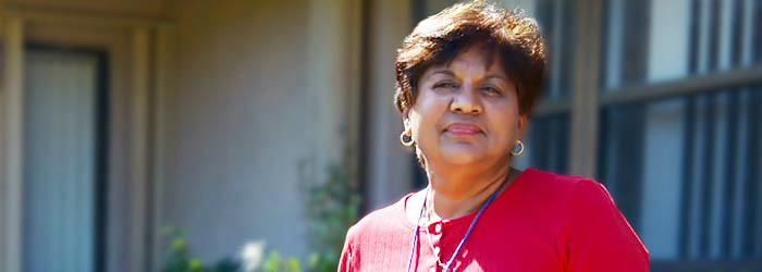 Hospice aide Angela Surratt outside a client's home